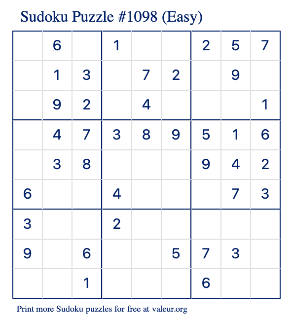 Free Printable Easy Sudoku Puzzle number 1098