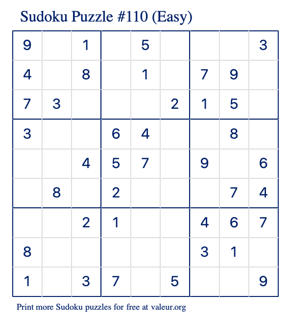 Free Printable Easy Sudoku Puzzle number 110