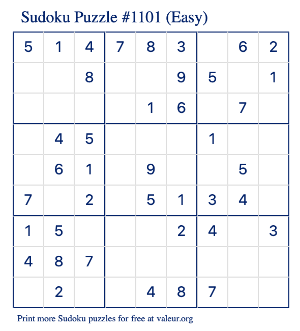 Free Printable Easy Sudoku Puzzle number 1101