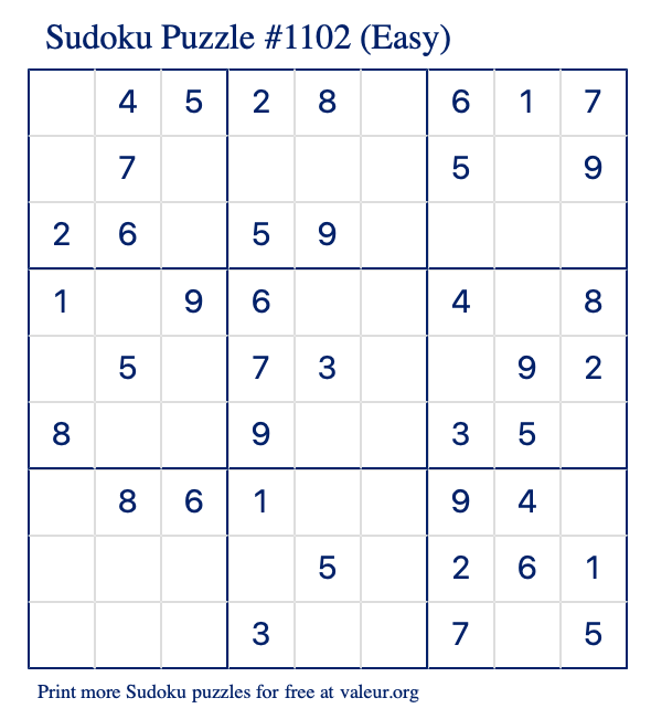 Free Printable Easy Sudoku Puzzle number 1102