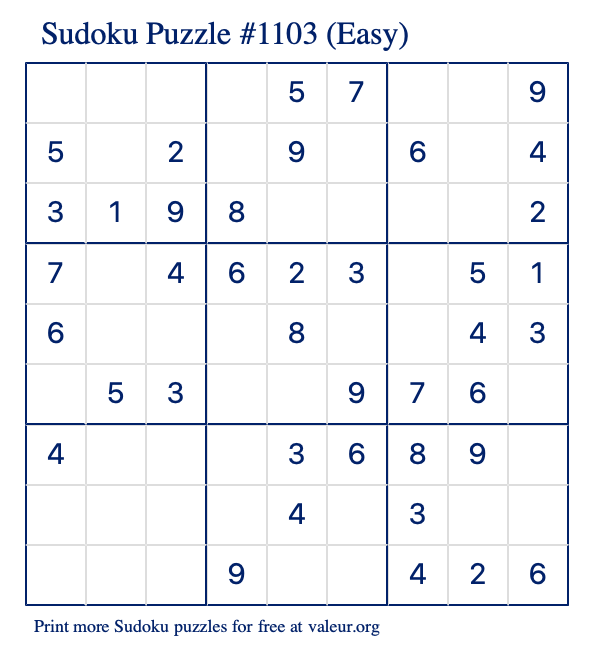 Free Printable Easy Sudoku Puzzle number 1103