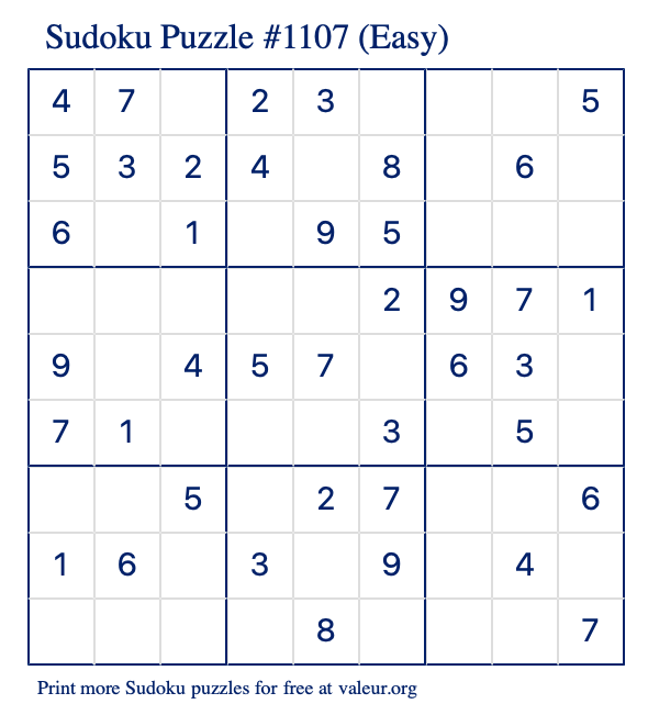 Free Printable Easy Sudoku Puzzle number 1107