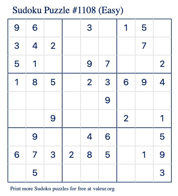 Free Printable Easy Sudoku Puzzle number 1108