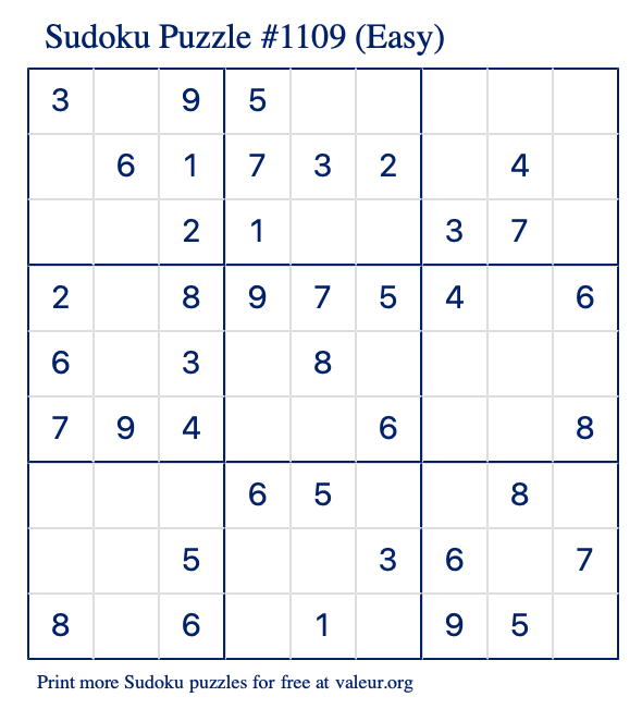 Free Printable Easy Sudoku Puzzle number 1109