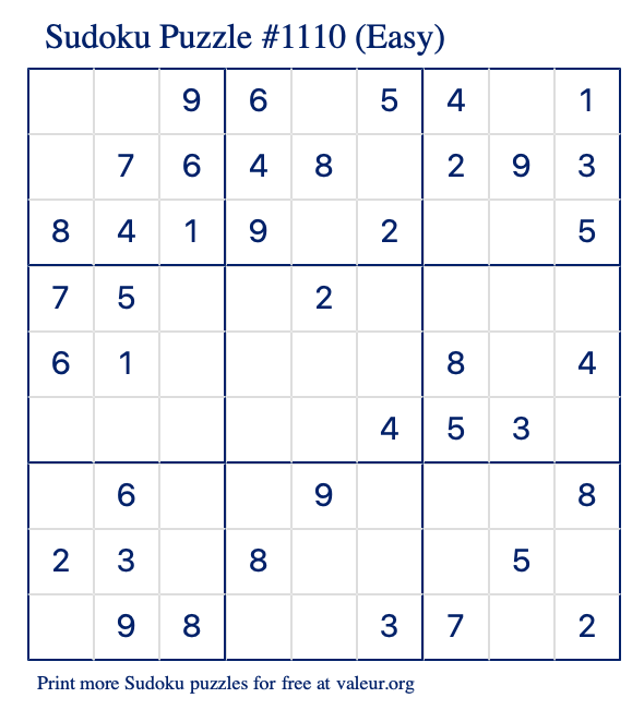 Free Printable Easy Sudoku Puzzle number 1110