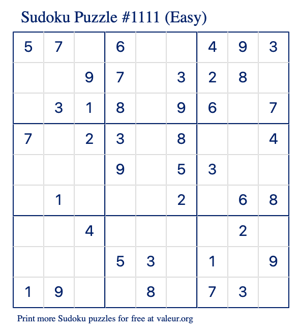 Free Printable Easy Sudoku Puzzle number 1111