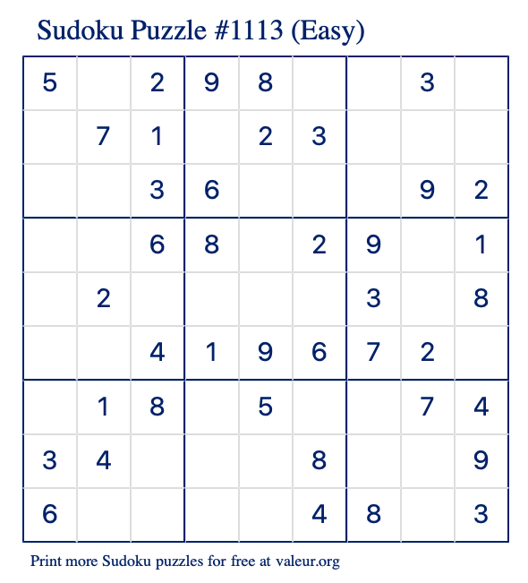 Free Printable Easy Sudoku Puzzle number 1113