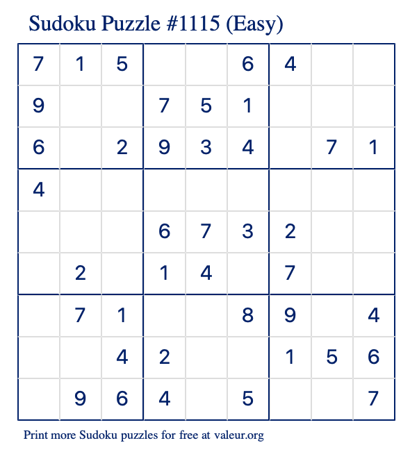 Free Printable Easy Sudoku Puzzle number 1115