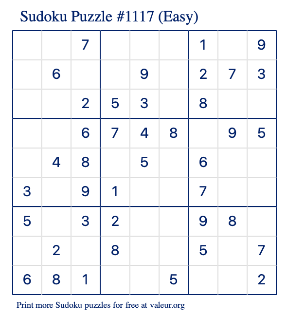 Free Printable Easy Sudoku Puzzle number 1117