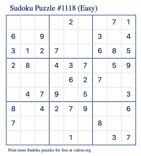 Free Printable Easy Sudoku Puzzle number 1118