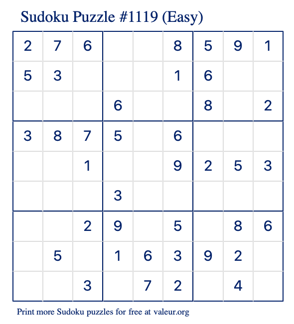 Free Printable Easy Sudoku Puzzle number 1119