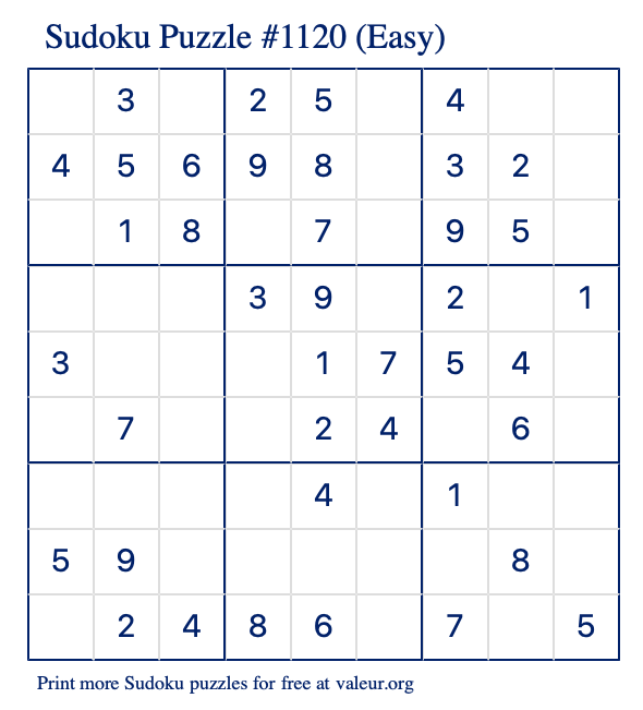 Free Printable Easy Sudoku Puzzle number 1120