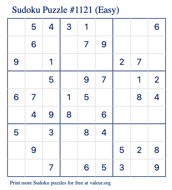 Free Printable Easy Sudoku Puzzle number 1121