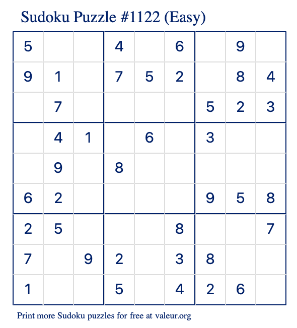 Free Printable Easy Sudoku Puzzle number 1122