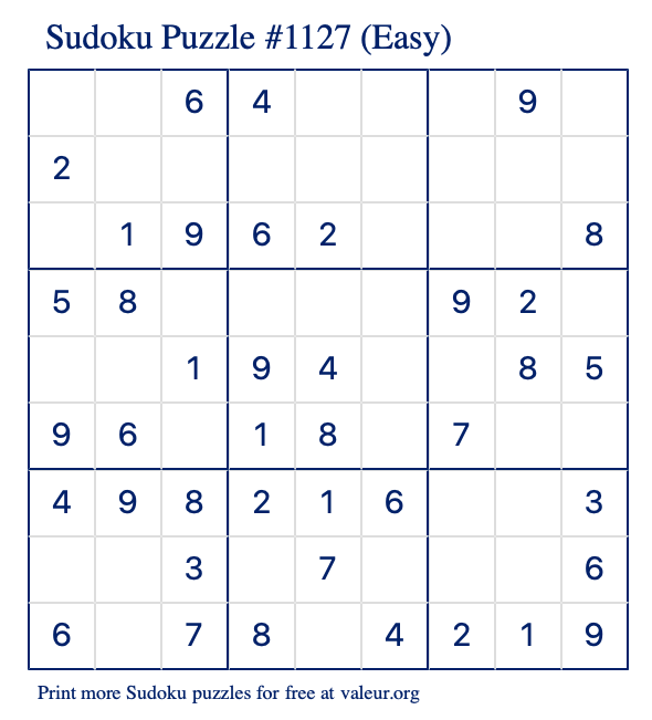 Free Printable Easy Sudoku Puzzle number 1127