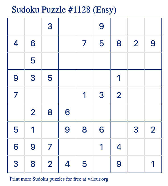 Free Printable Easy Sudoku Puzzle number 1128