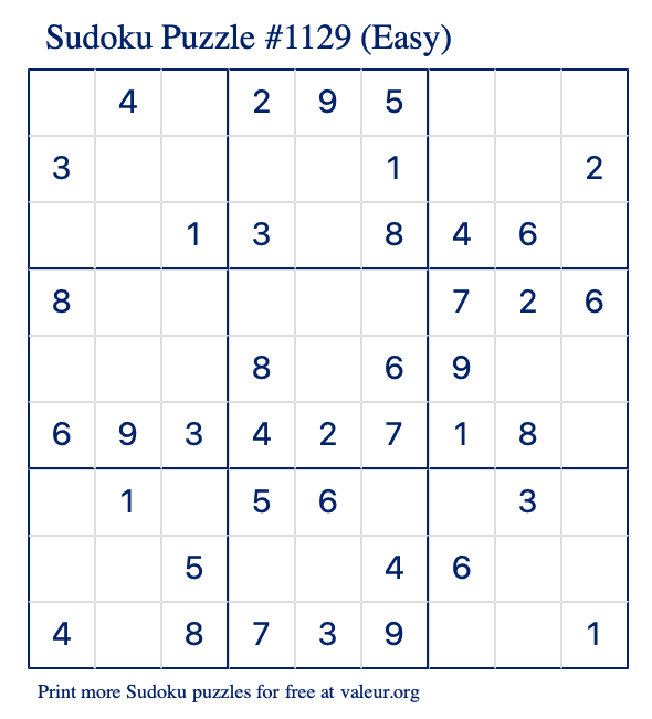 Free Printable Easy Sudoku Puzzle number 1129