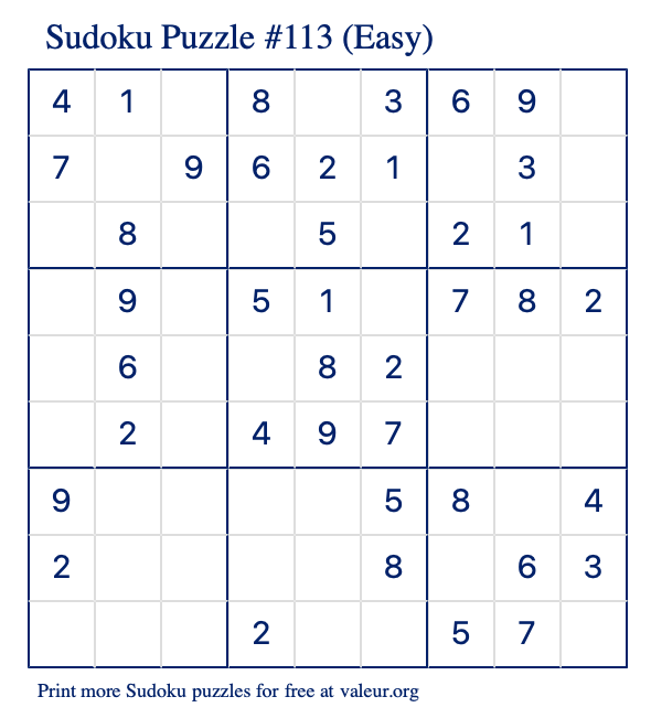 Free Printable Easy Sudoku Puzzle number 113