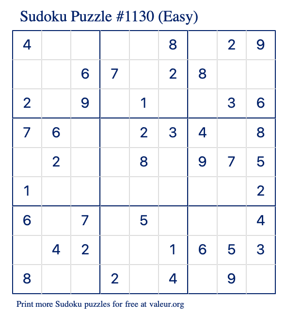 Free Printable Easy Sudoku Puzzle number 1130