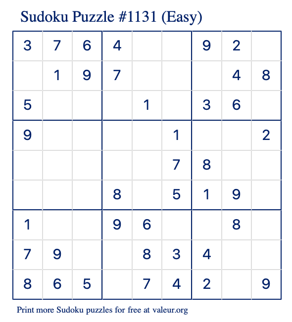 Free Printable Easy Sudoku Puzzle number 1131