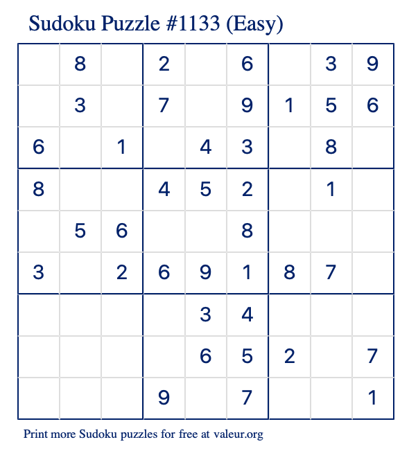 Free Printable Easy Sudoku Puzzle number 1133