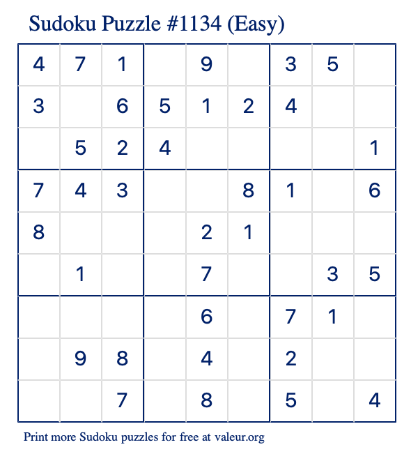 Free Printable Easy Sudoku Puzzle number 1134