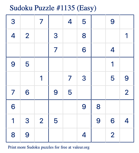 Free Printable Easy Sudoku Puzzle number 1135