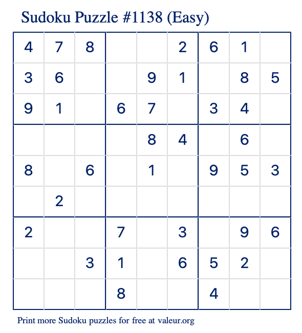 Free Printable Easy Sudoku Puzzle number 1138