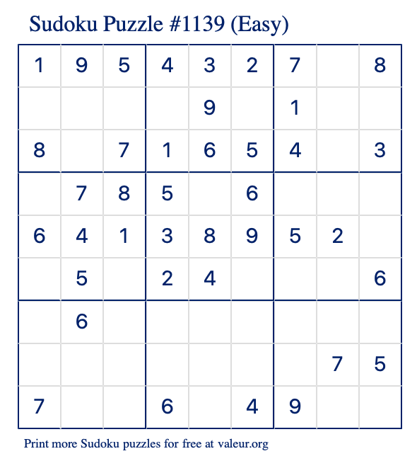 Free Printable Easy Sudoku Puzzle number 1139