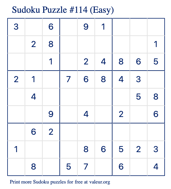 Free Printable Easy Sudoku Puzzle number 114