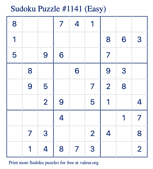 Free Printable Easy Sudoku Puzzle number 1141