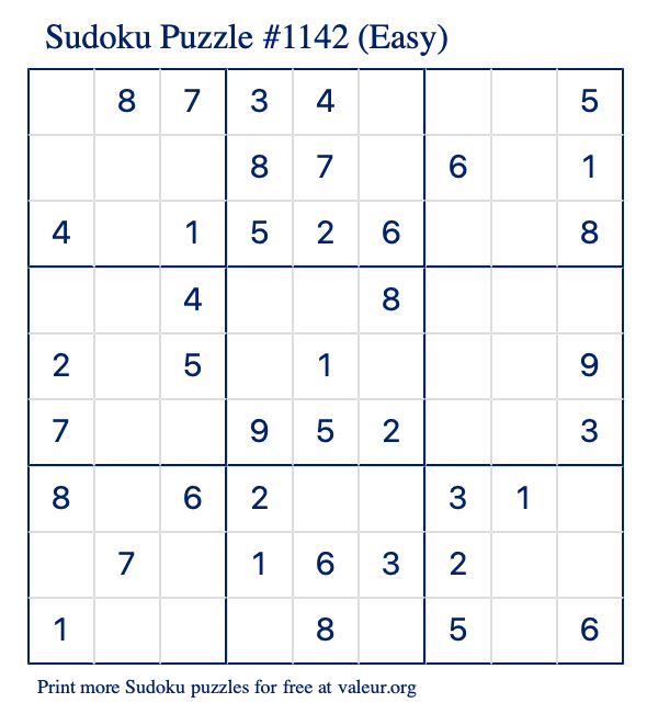 Free Printable Easy Sudoku Puzzle number 1142