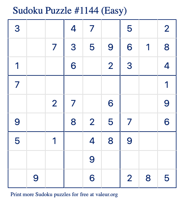 Free Printable Easy Sudoku Puzzle number 1144