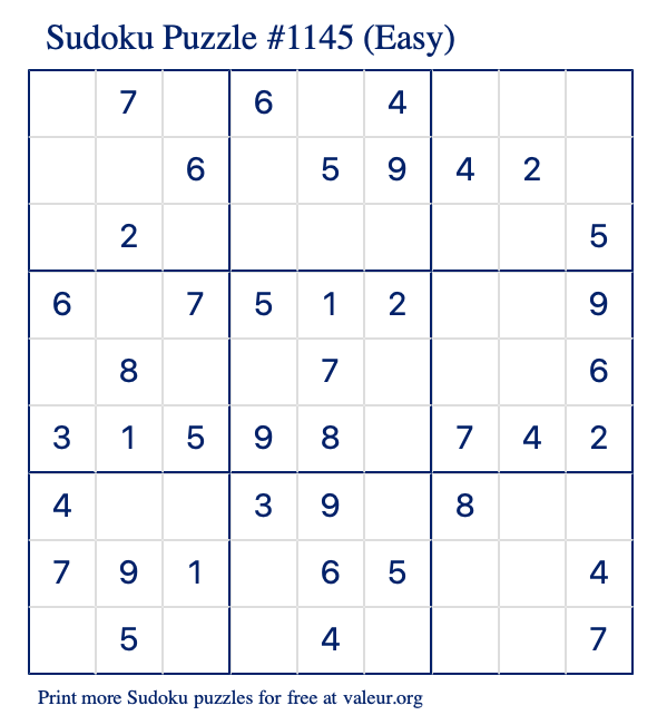 Free Printable Easy Sudoku Puzzle number 1145