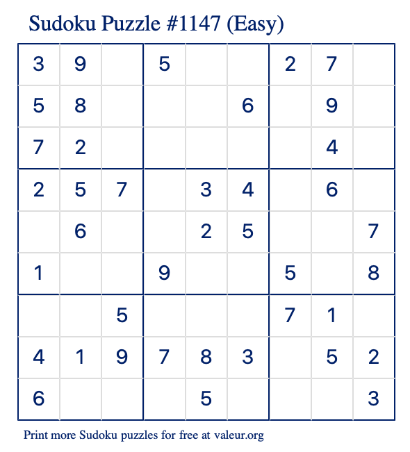 Free Printable Easy Sudoku Puzzle number 1147