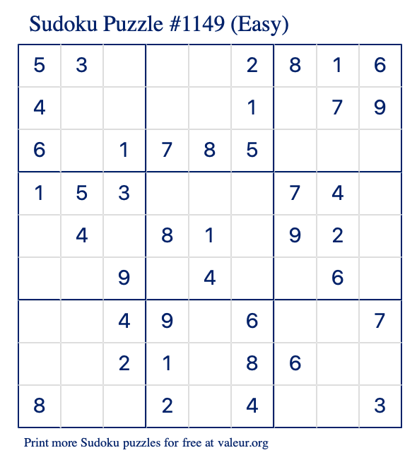 Free Printable Easy Sudoku Puzzle number 1149