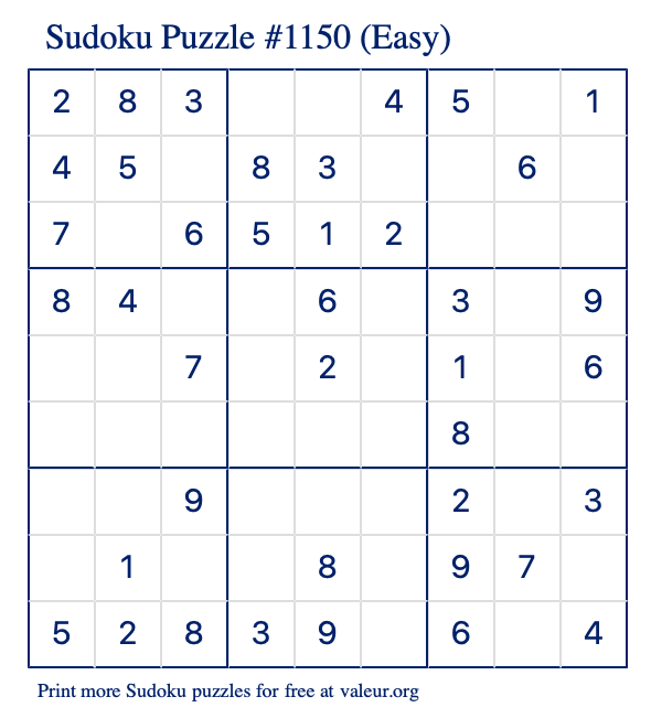 Free Printable Easy Sudoku Puzzle number 1150