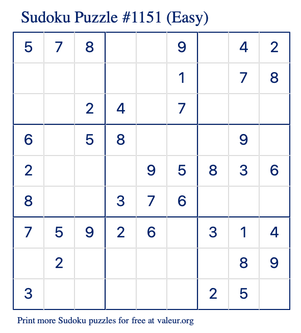 Free Printable Easy Sudoku Puzzle number 1151