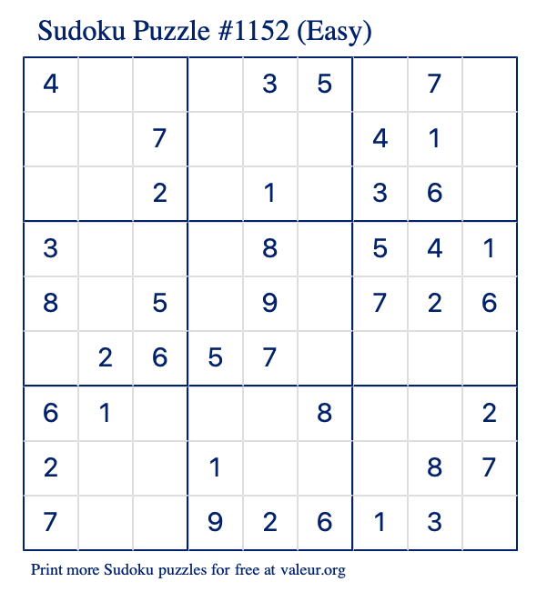 Free Printable Easy Sudoku Puzzle number 1152