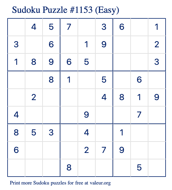 Free Printable Easy Sudoku Puzzle number 1153