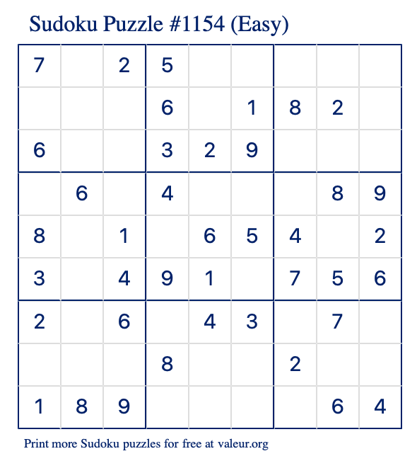 Free Printable Easy Sudoku Puzzle number 1154