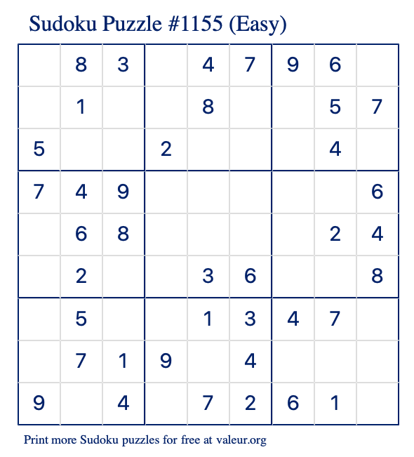 Free Printable Easy Sudoku Puzzle number 1155