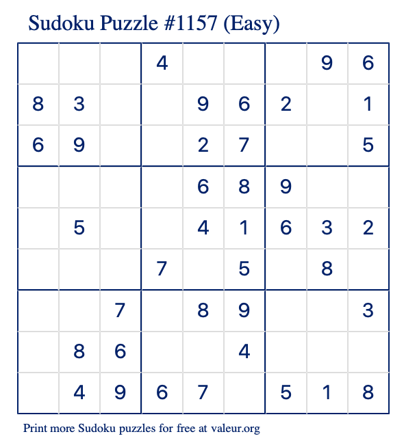 Free Printable Easy Sudoku Puzzle number 1157