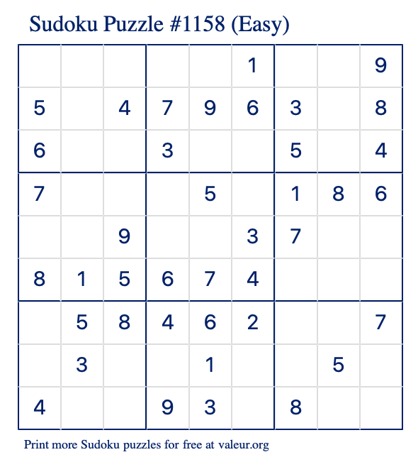 Free Printable Easy Sudoku Puzzle number 1158