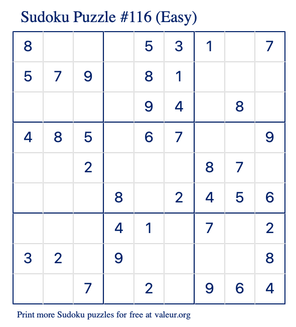 Free Printable Easy Sudoku Puzzle number 116