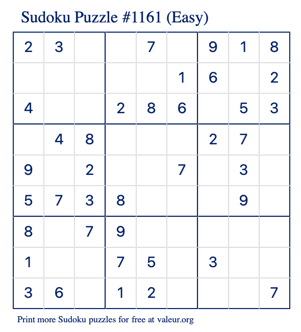 Free Printable Easy Sudoku Puzzle number 1161