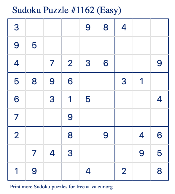 Free Printable Easy Sudoku Puzzle number 1162