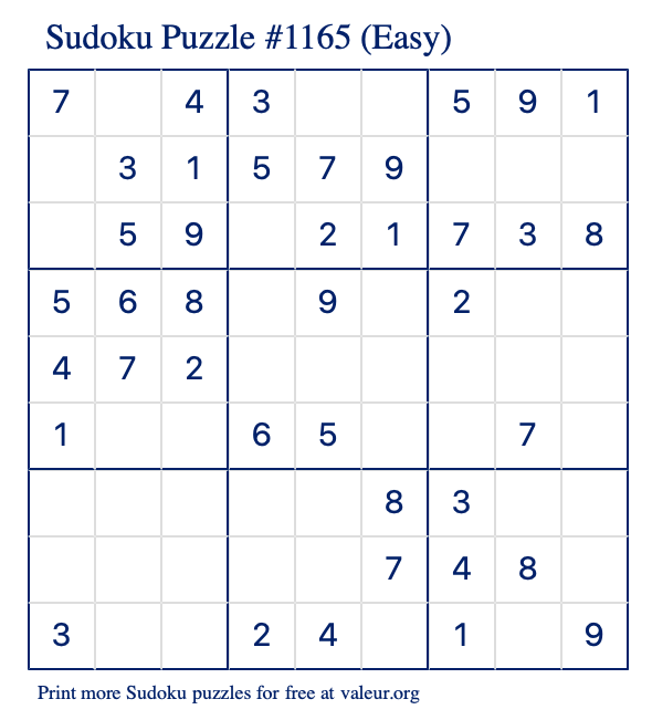 Free Printable Easy Sudoku Puzzle number 1165