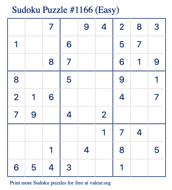 Free Printable Easy Sudoku Puzzle number 1166