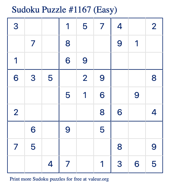 Free Printable Easy Sudoku Puzzle number 1167